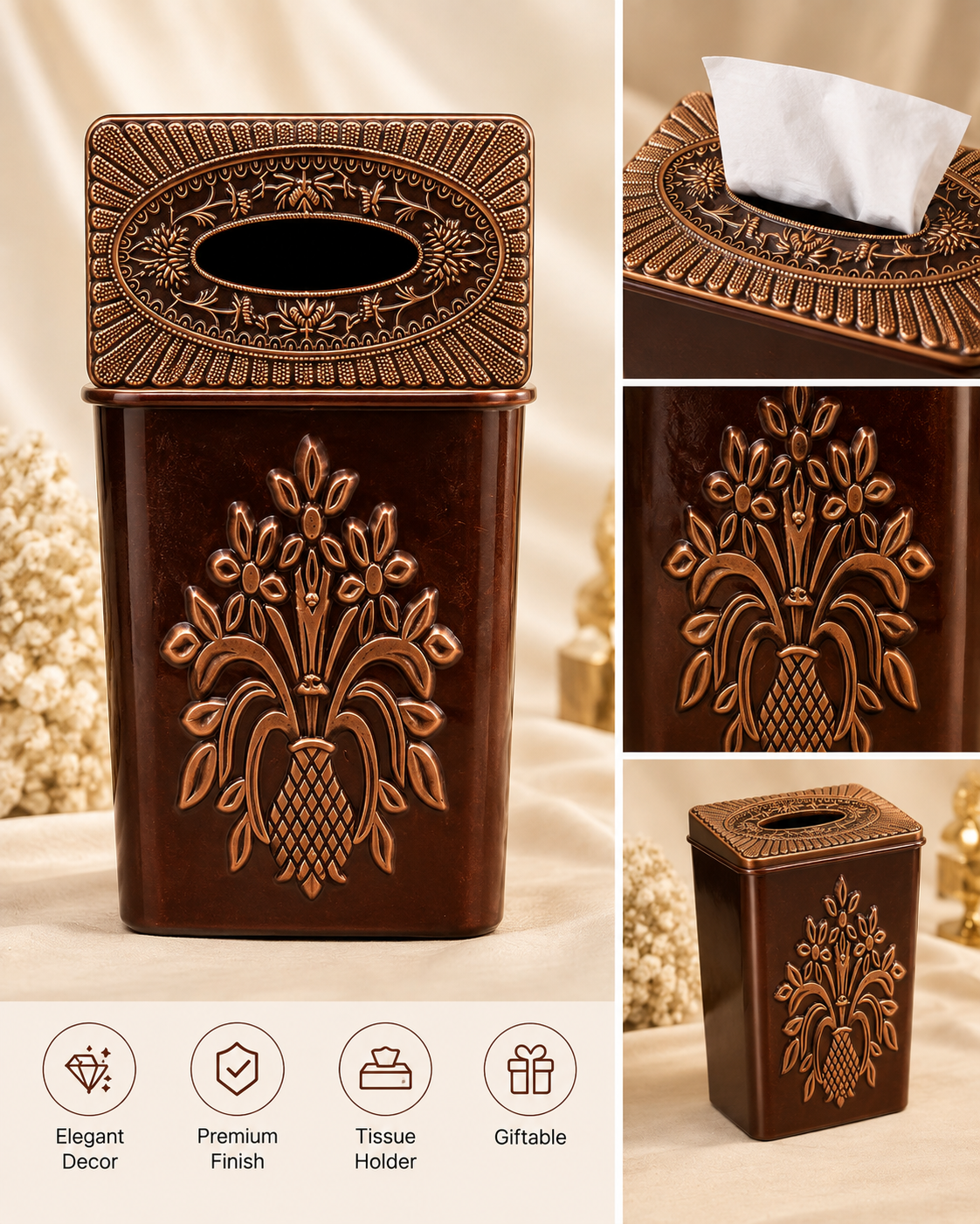 Copper Floral Tissue Box Holder