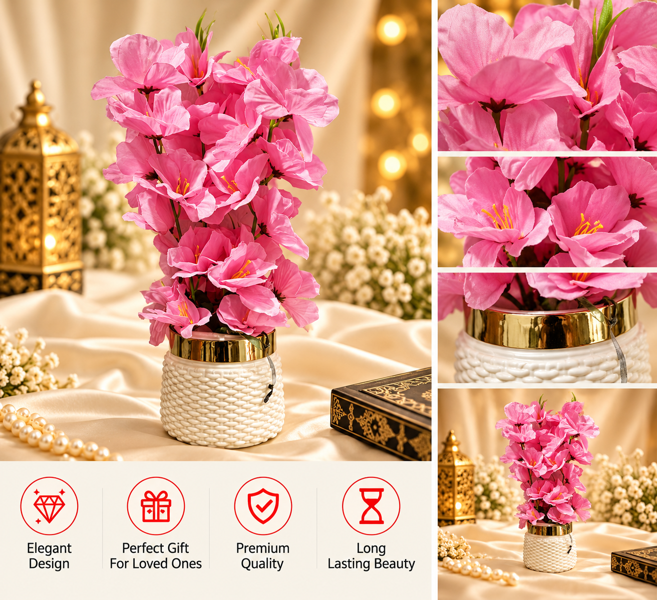 Pink Lily Bunch in Gold-Rim Basket Pot
