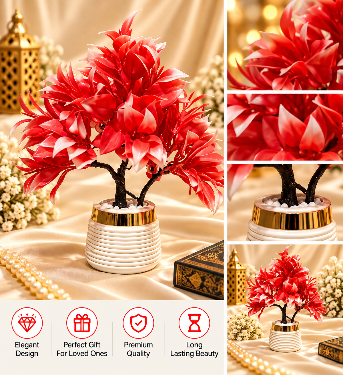 Red Blossom Tree in Gold-Rim Pot