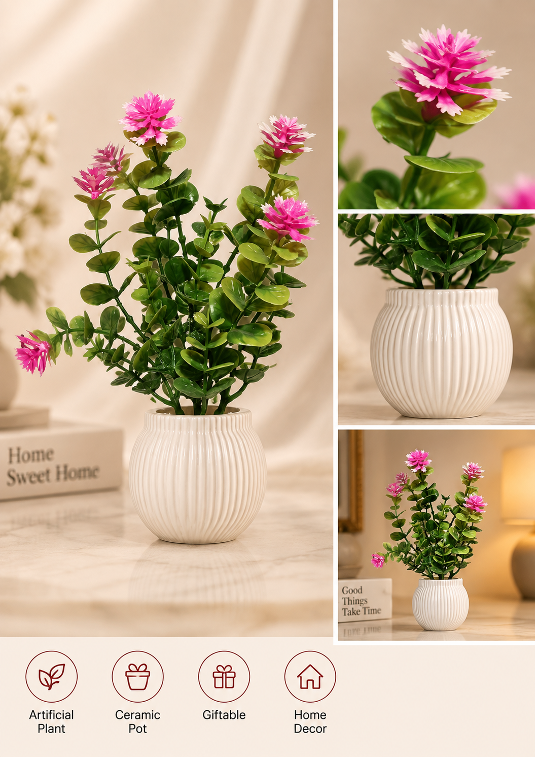 Pink Blossom Plant in Ribbed Ceramic Pot