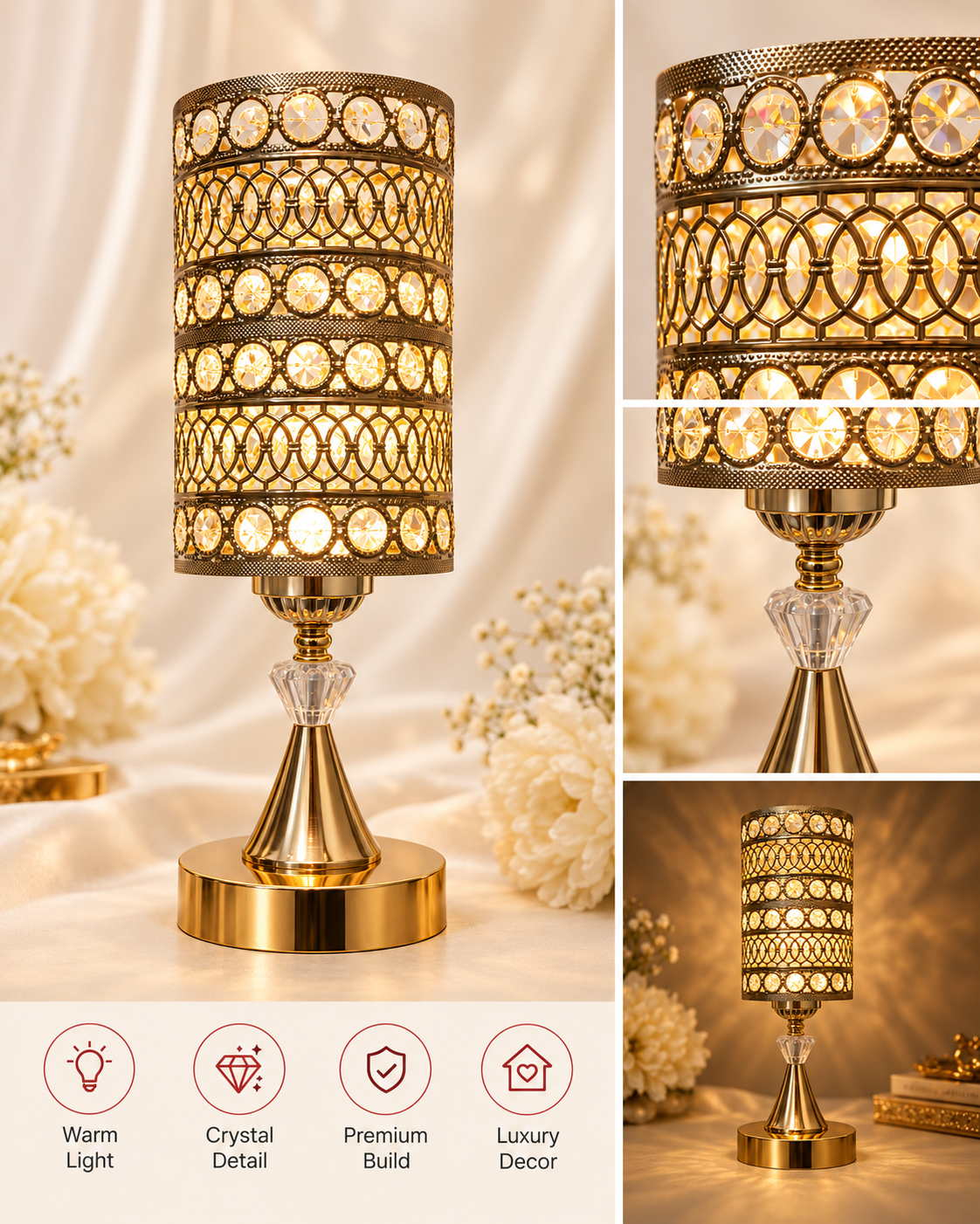 Gold Crystal Cylinder Table Lamp