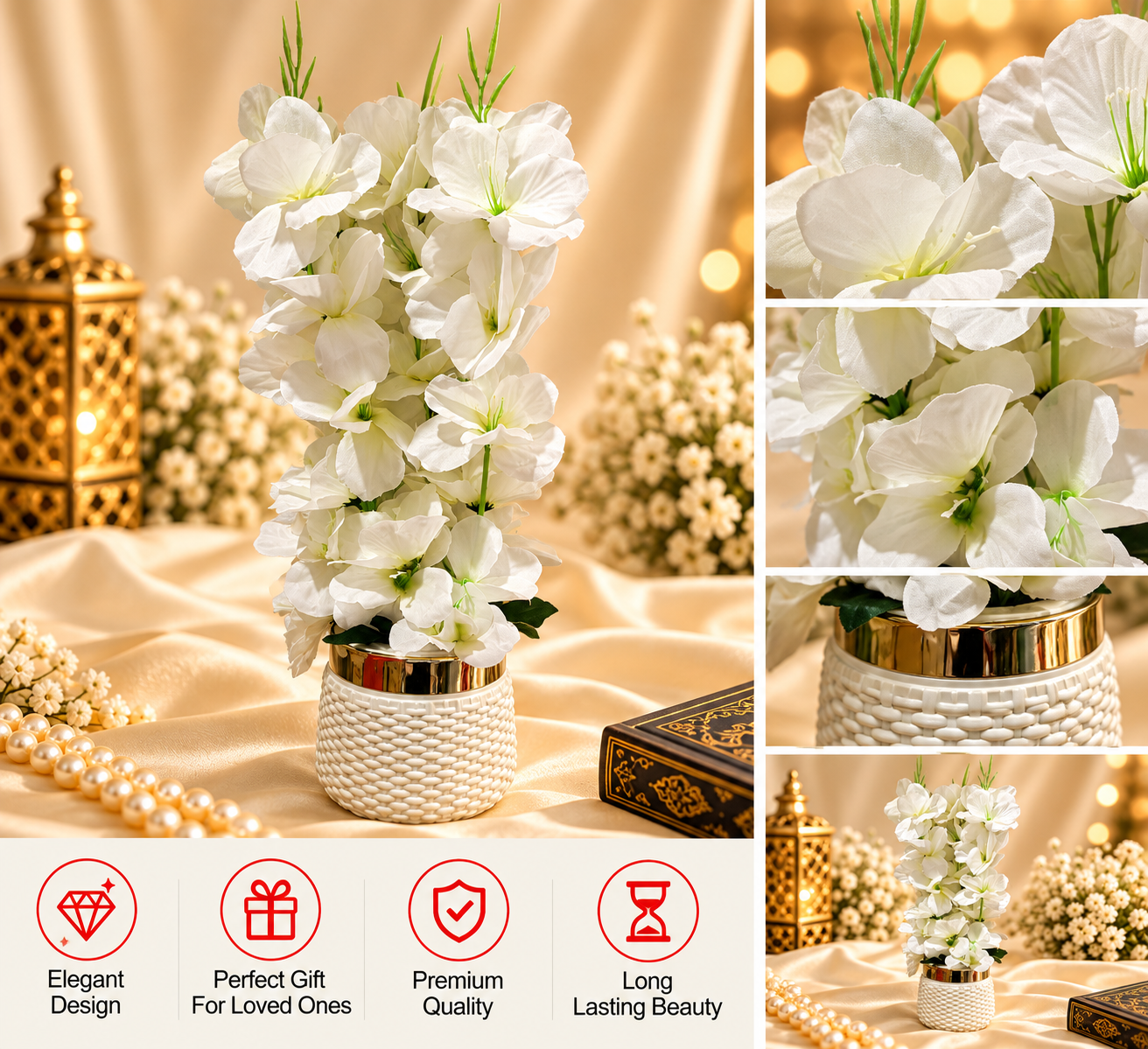 White Lily Bunch in Gold-Rim Basket Pot