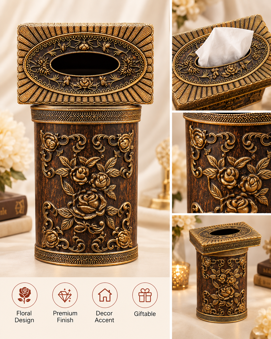 Antique Gold Rose Tissue Box Holder
