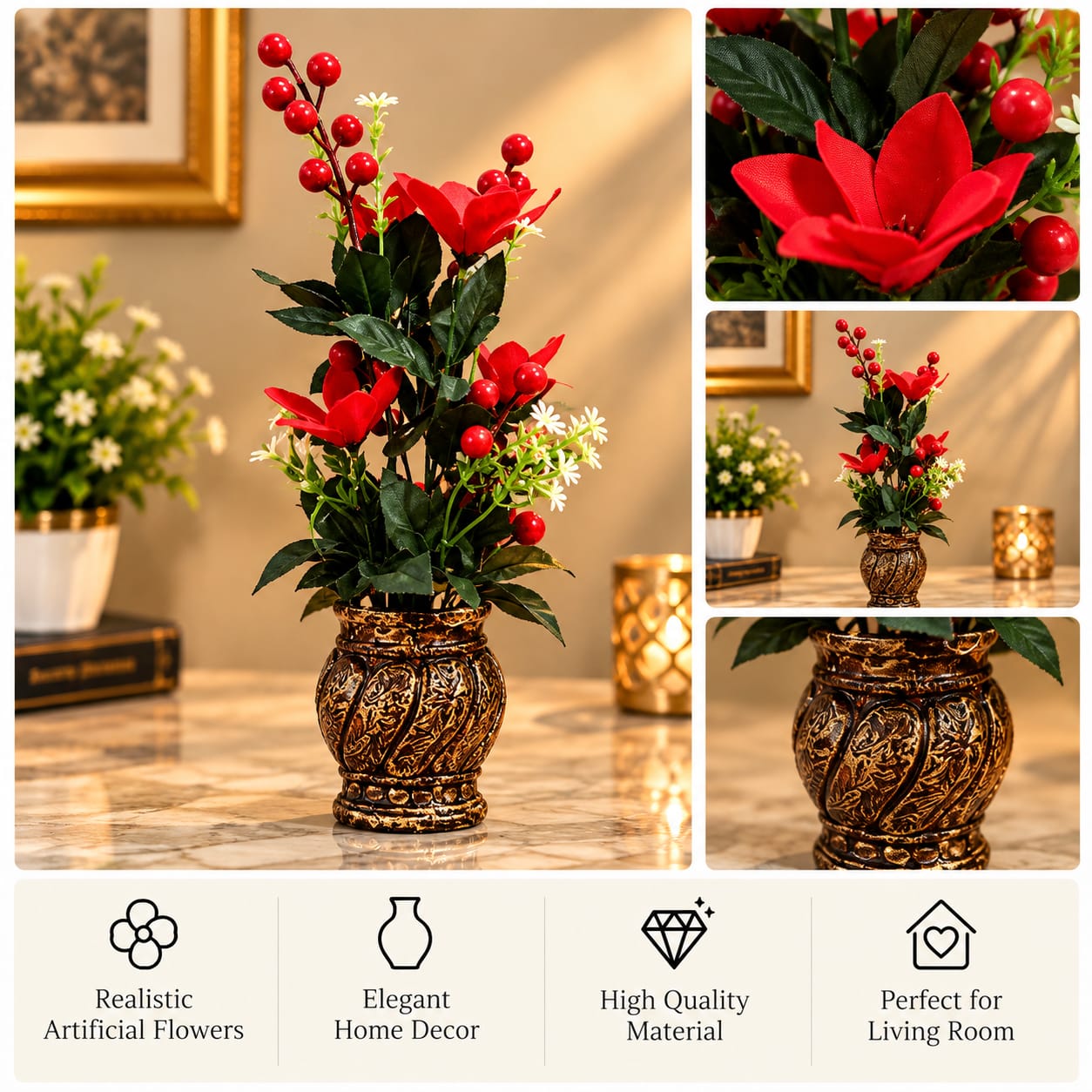 Red Berry Poinsettia Antique Bronze Arrangement
