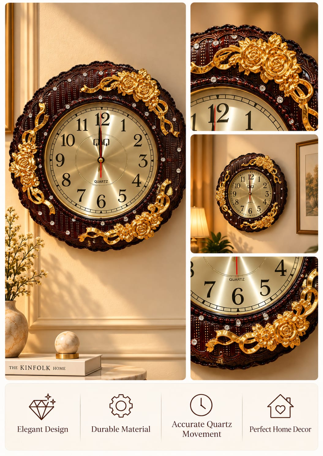 Q&Q Ornate Floral Quartz Wall Clock Black Numerals
