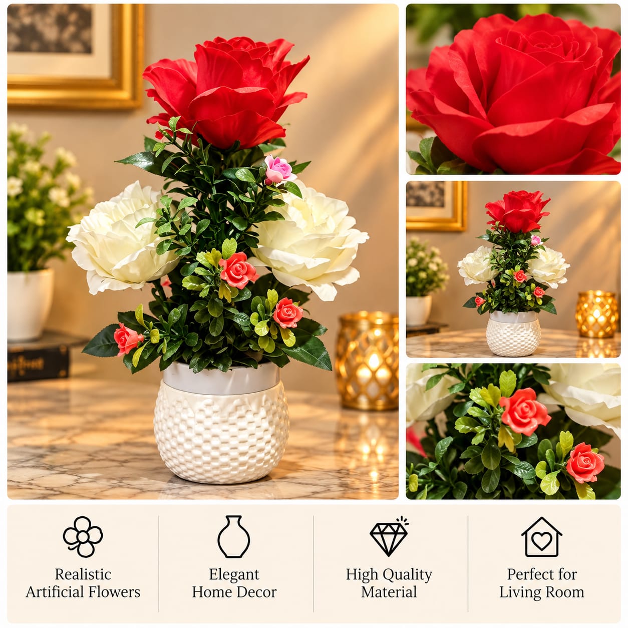Red & Cream Rose Arrangement White Pot