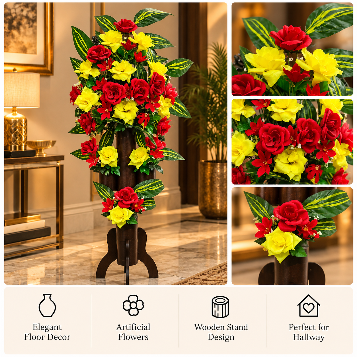 Red Yellow Rose Wooden Pedestal Floor Arrangement