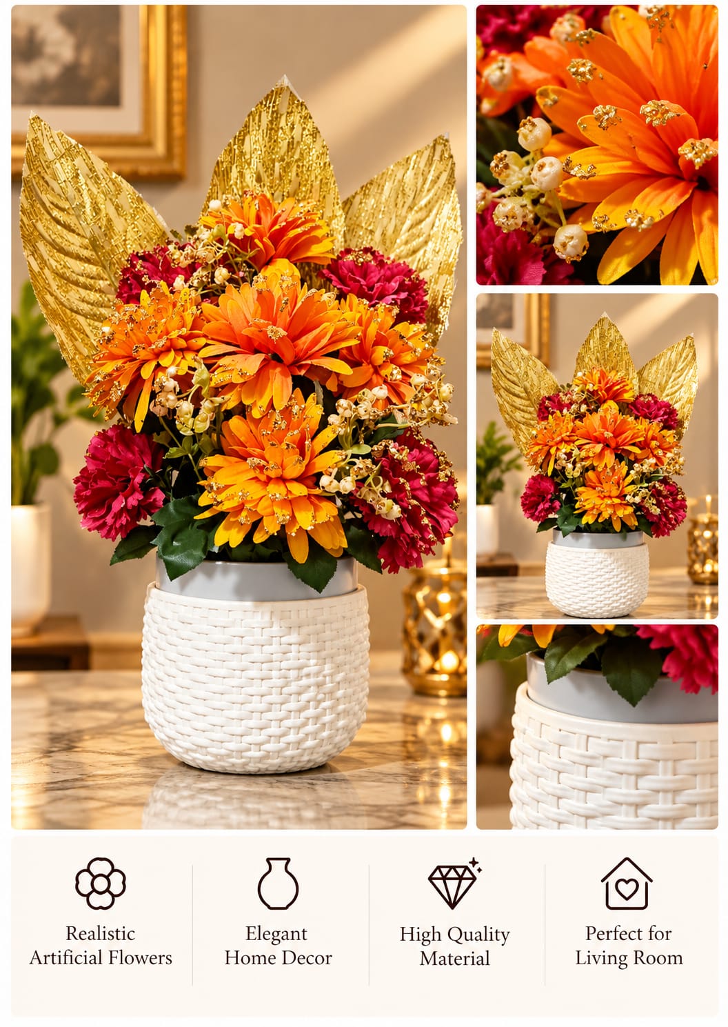 Orange Gerbera Gold Leaf Woven Pot Arrangement
