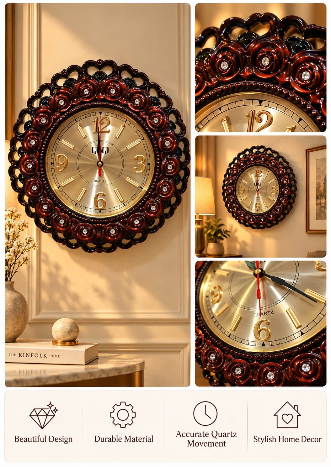Q&Q Rose Frame Quartz Wall Clock Gold Numerals