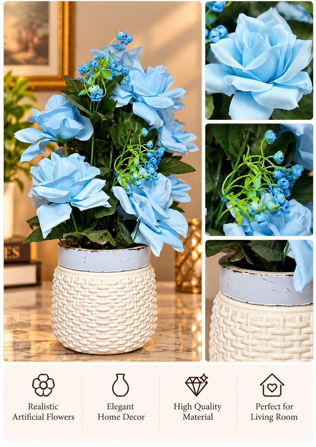 Light Blue Rose Arrangement Woven Pot