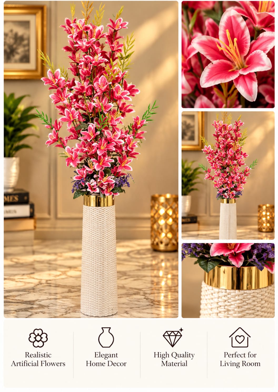 Pink Edge Lily Arrangement Gold-Rim Vase