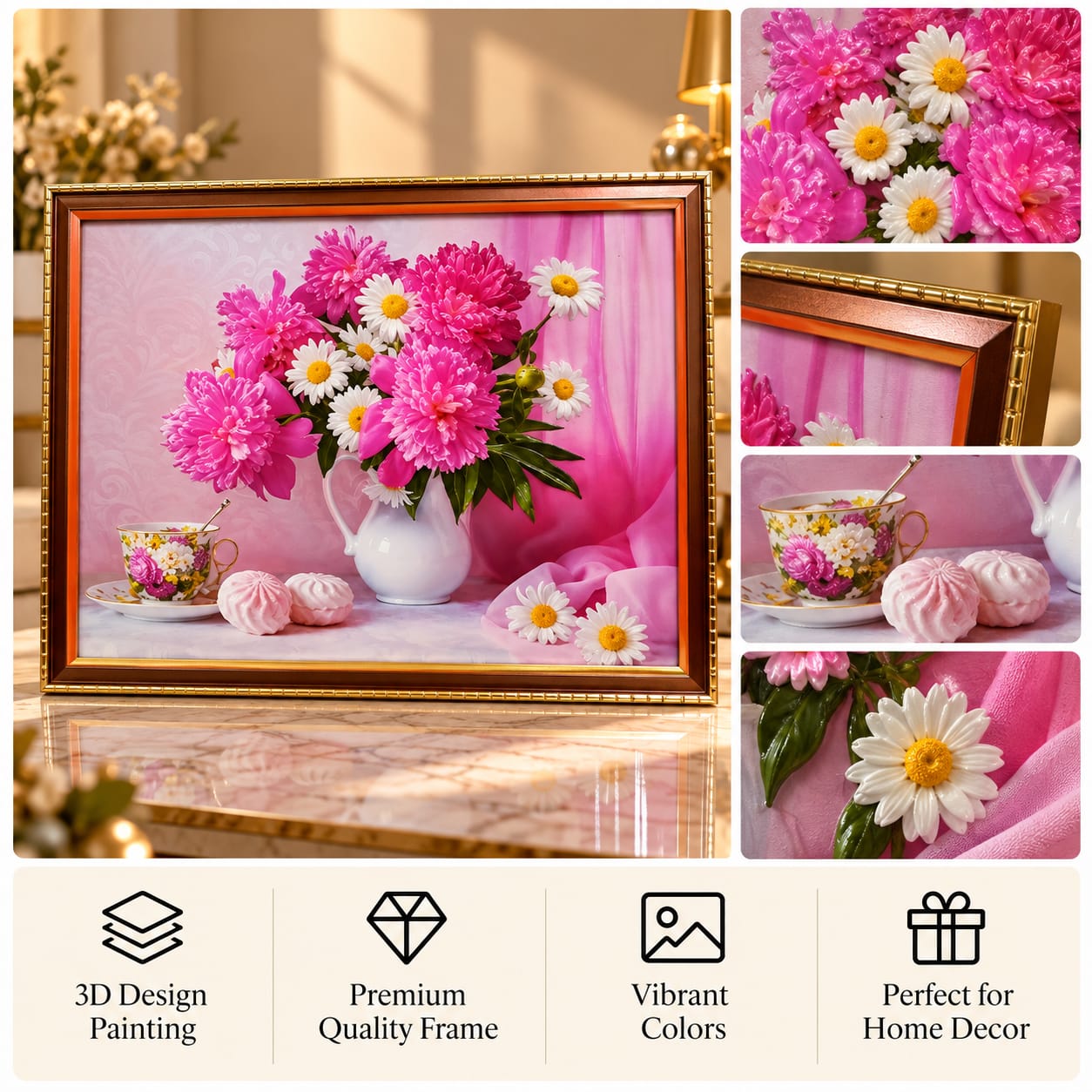 3D Pink Peony & Daisy Floral Wall Painting