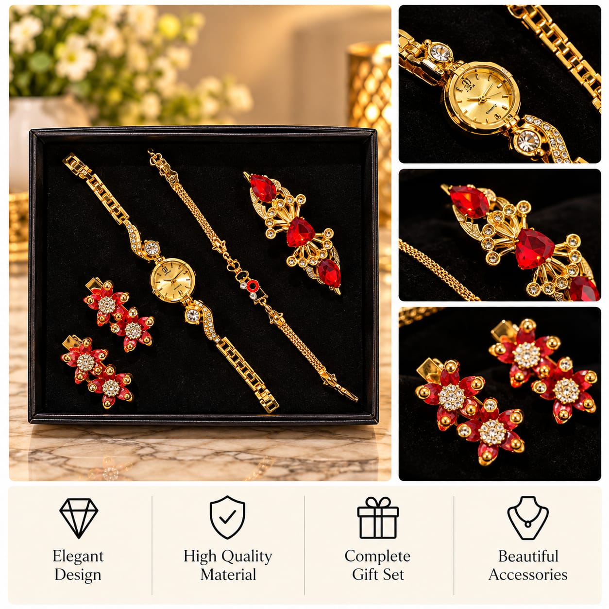 Red Crystal Watch & Jewelry Gift Set
