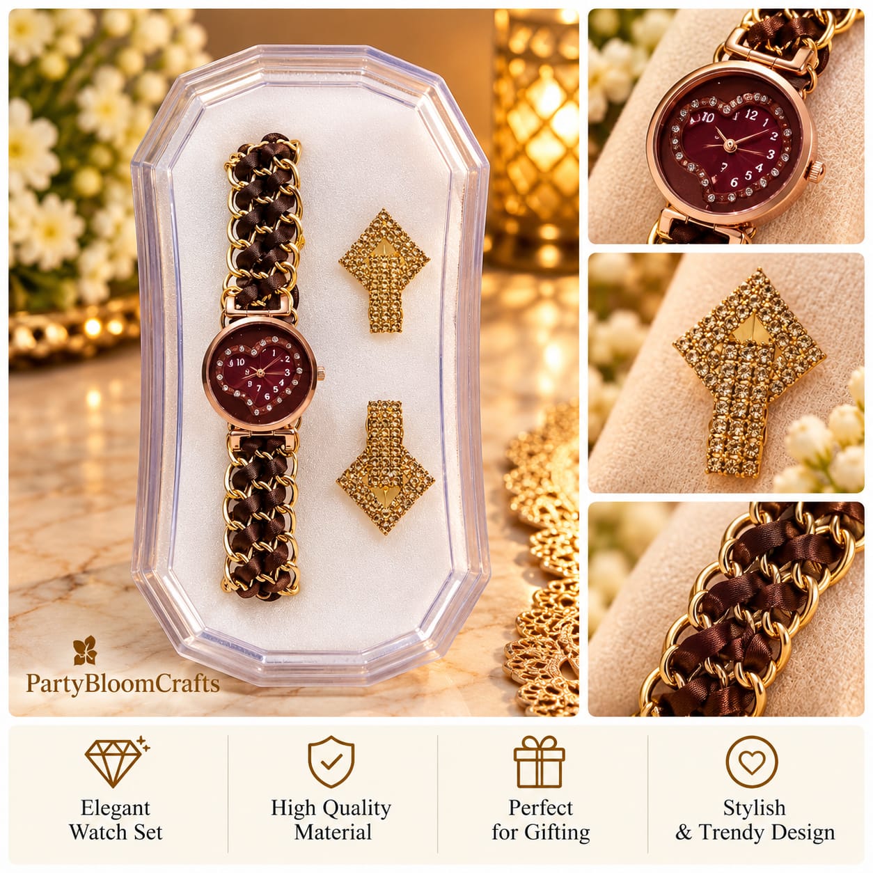 Rose Gold Heart Watch & Crystal Earrings Set