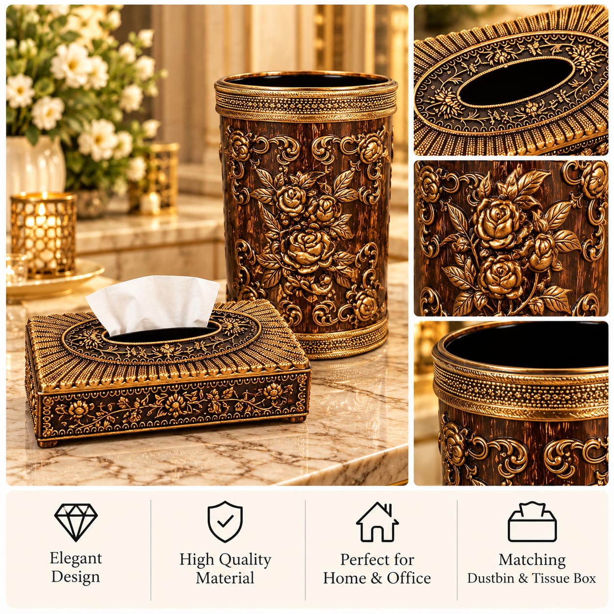 Antique Rose Tissue Box & Dustbin Set
