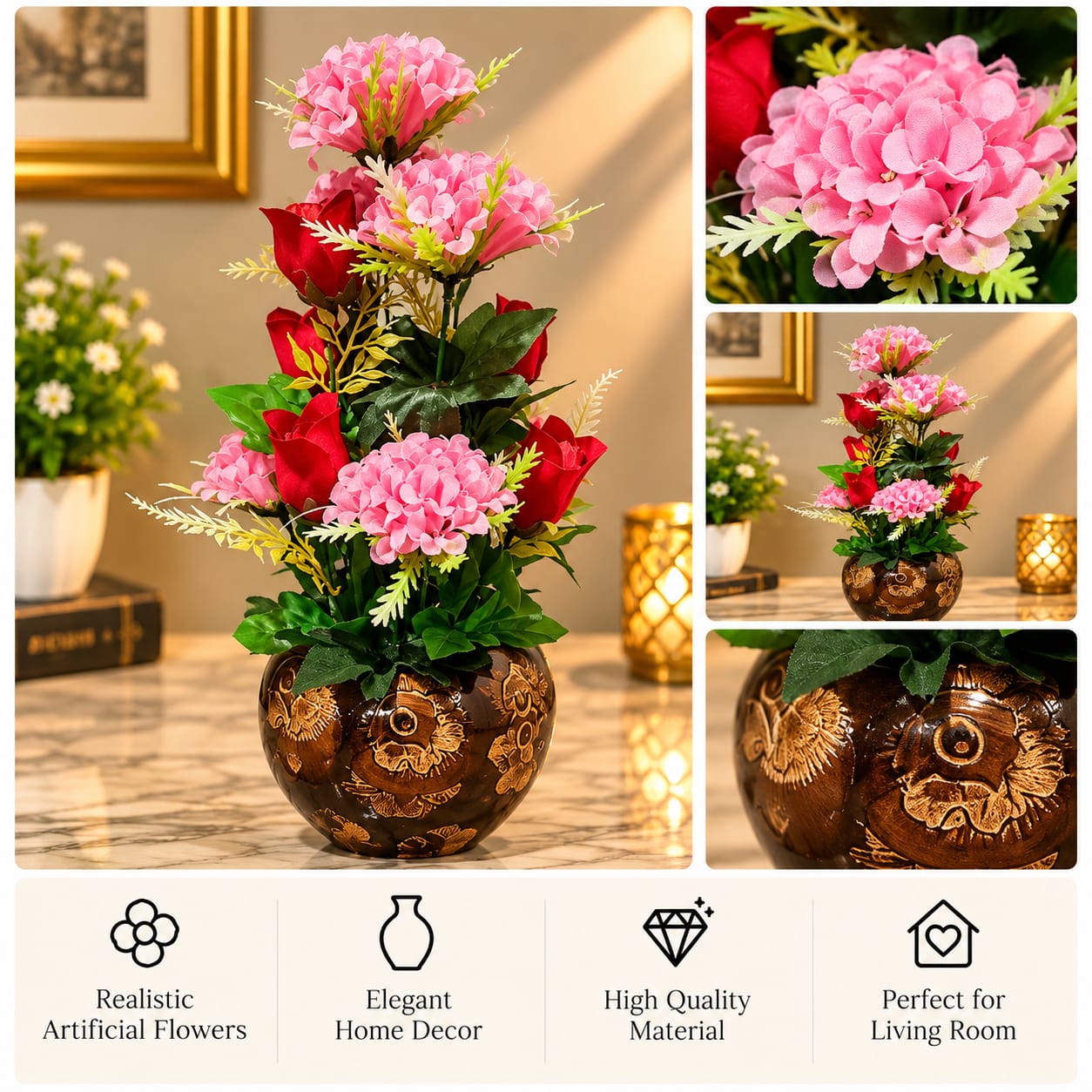 Pink Hydrangea & Red Rose Embossed Vase