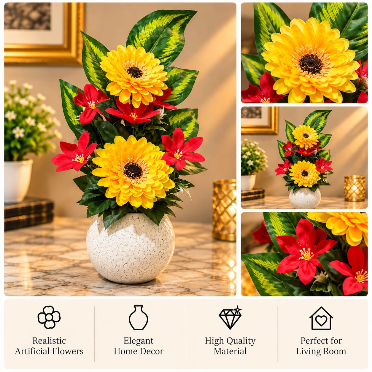 Yellow Gerbera & Red Flower Crackle Vase
