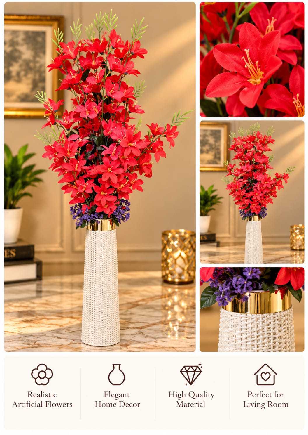 Red Lily Arrangement White Gold Woven Vase