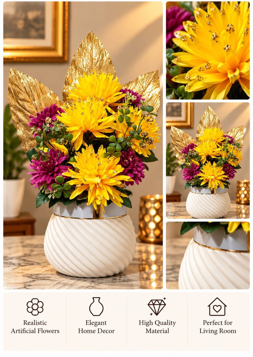 Yellow Chrysanthemum Gold Leaf Arrangement