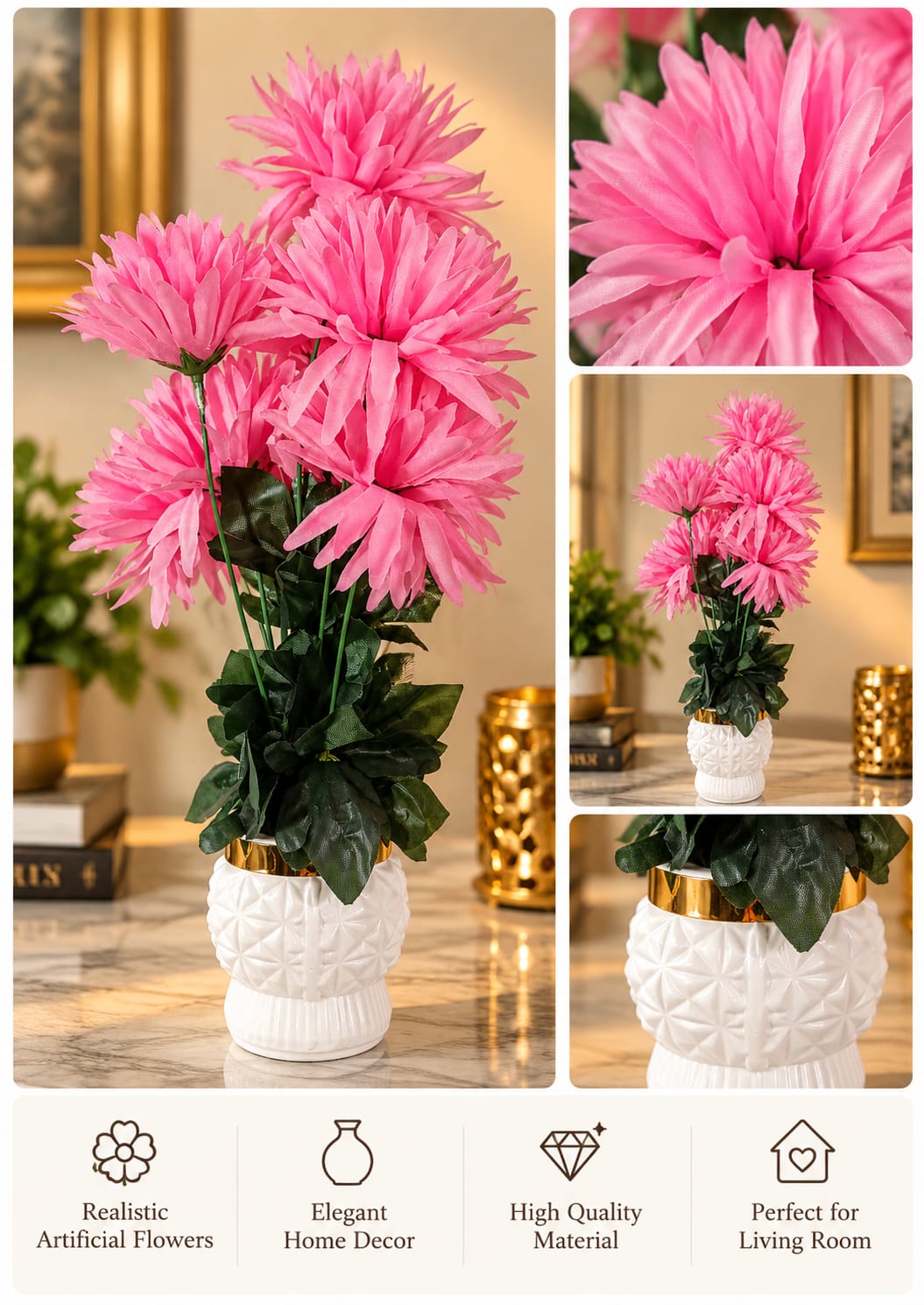 Pink Chrysanthemum Geometric Gold-Rim Vase