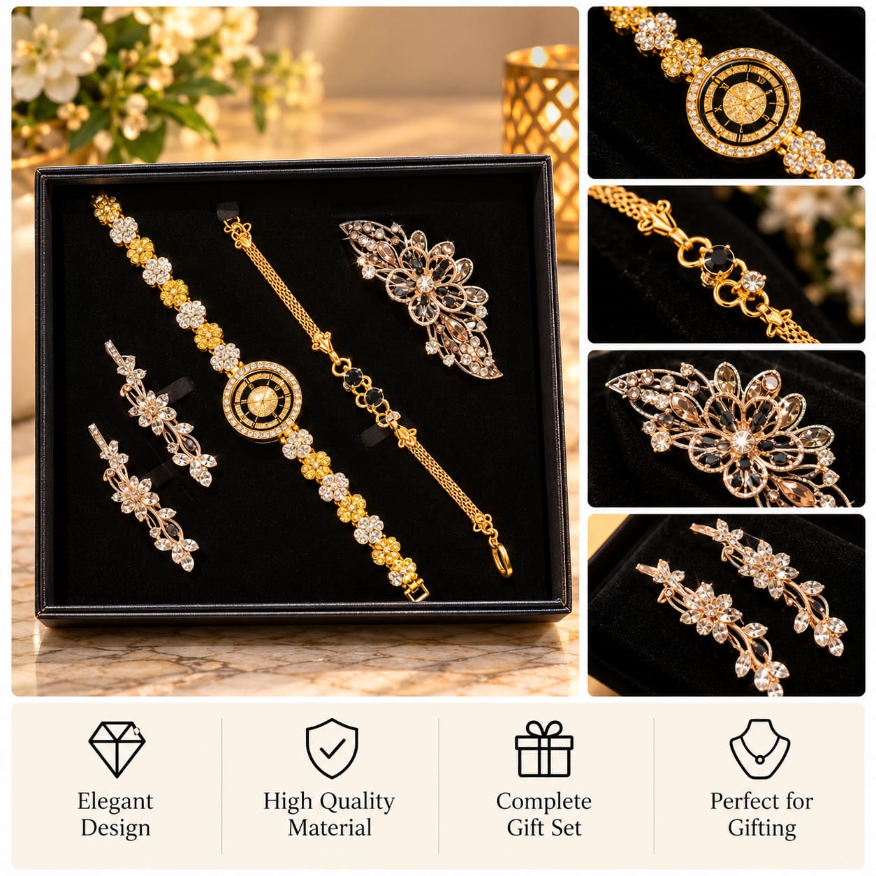 Gold Crystal Watch & Jewelry Gift Set