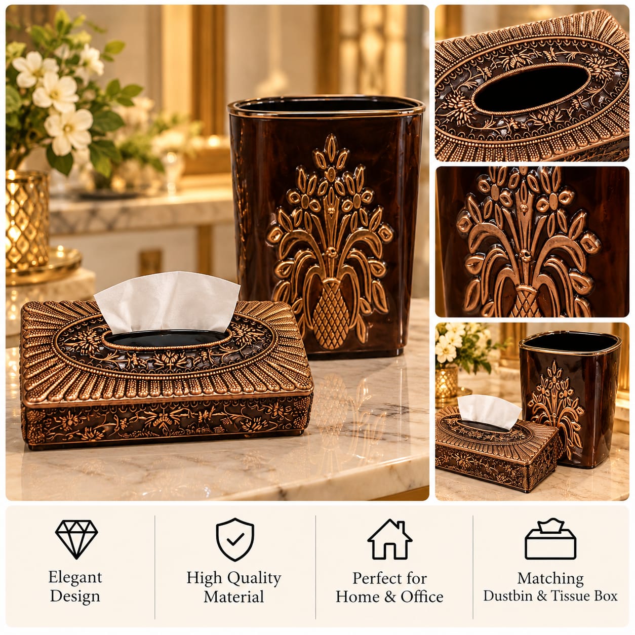 Antique Bronze Floral Tissue Box & Dustbin Set