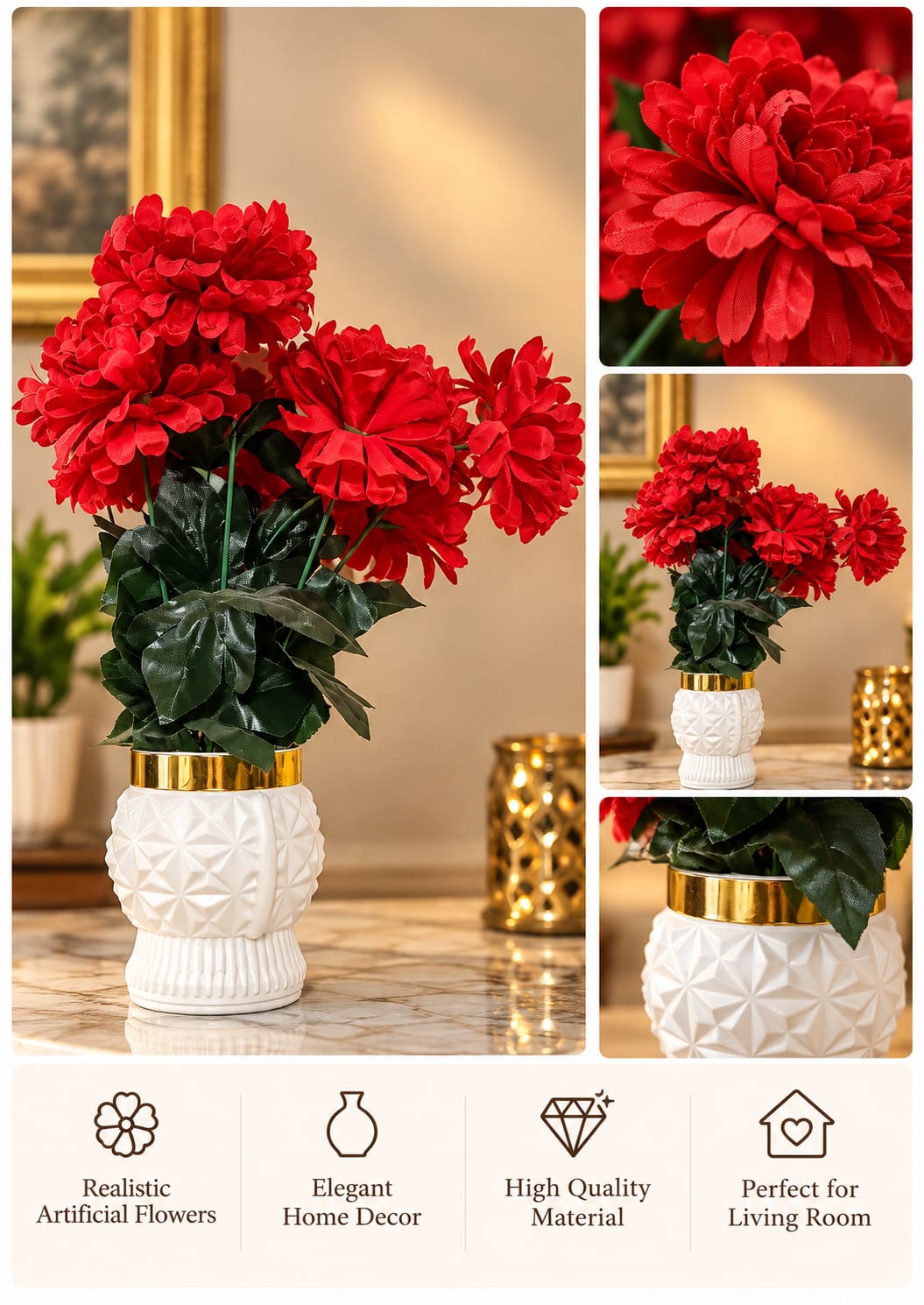 Deep Red Dahlia Geometric Gold-Rim Vase