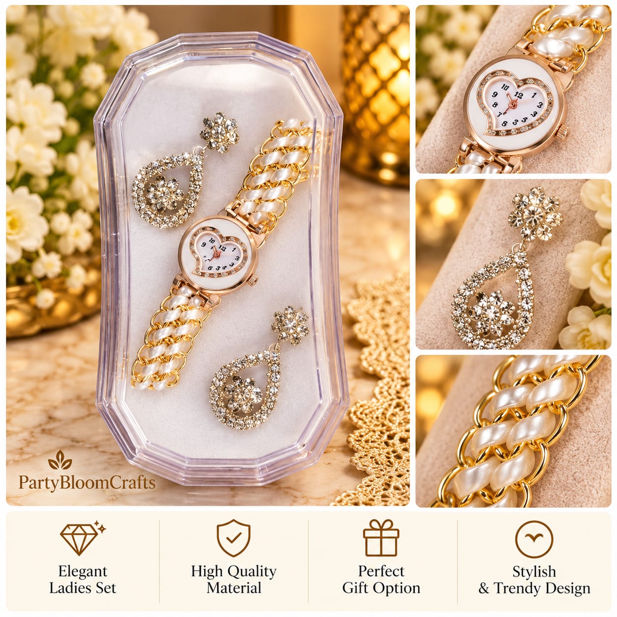 Pearl Heart Watch & Teardrop Earrings Ladies Set