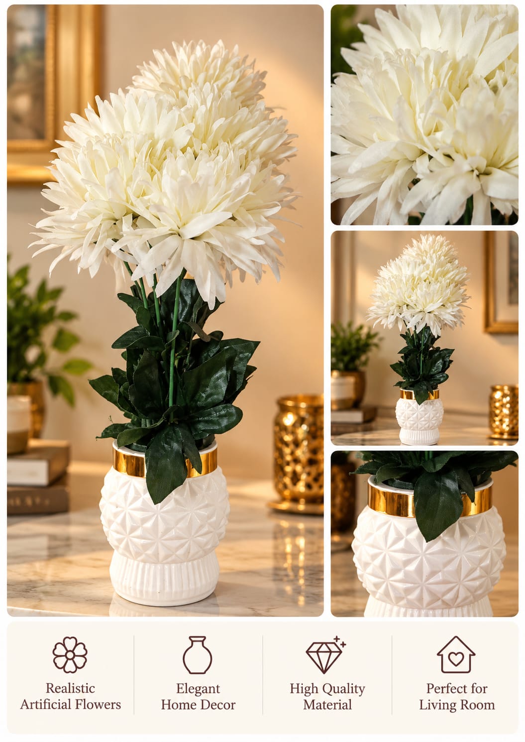 White Chrysanthemum Geometric Gold-Rim Vase