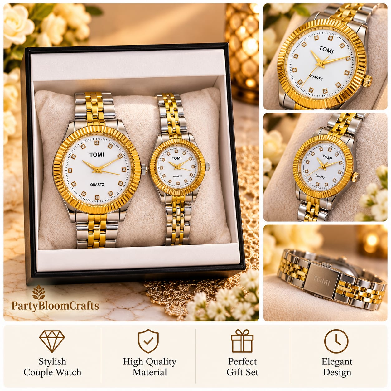 TOMI Two-Tone Couple Quartz Watch Set