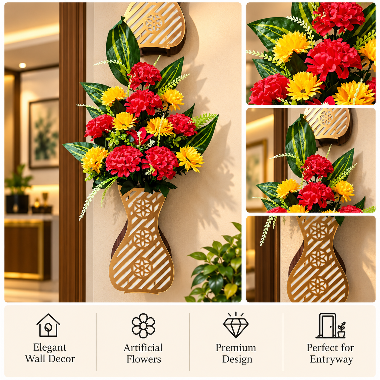 Gold Geometric Wall Vase Red & Yellow Flowers