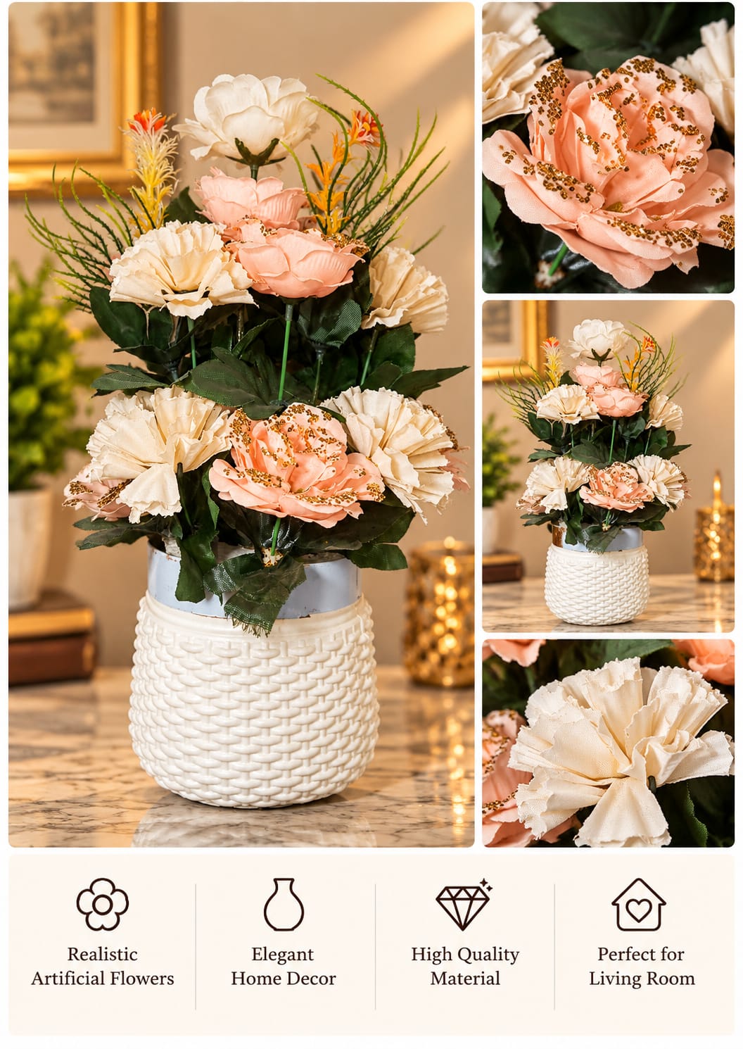 Peach & Cream Rose Arrangement Woven Pot