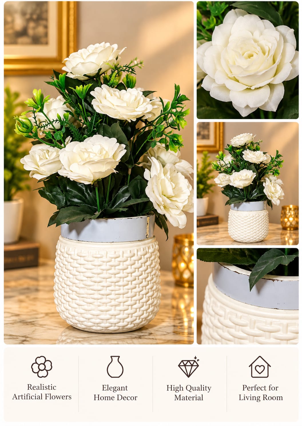 White Rose Arrangement Basket Weave Pot