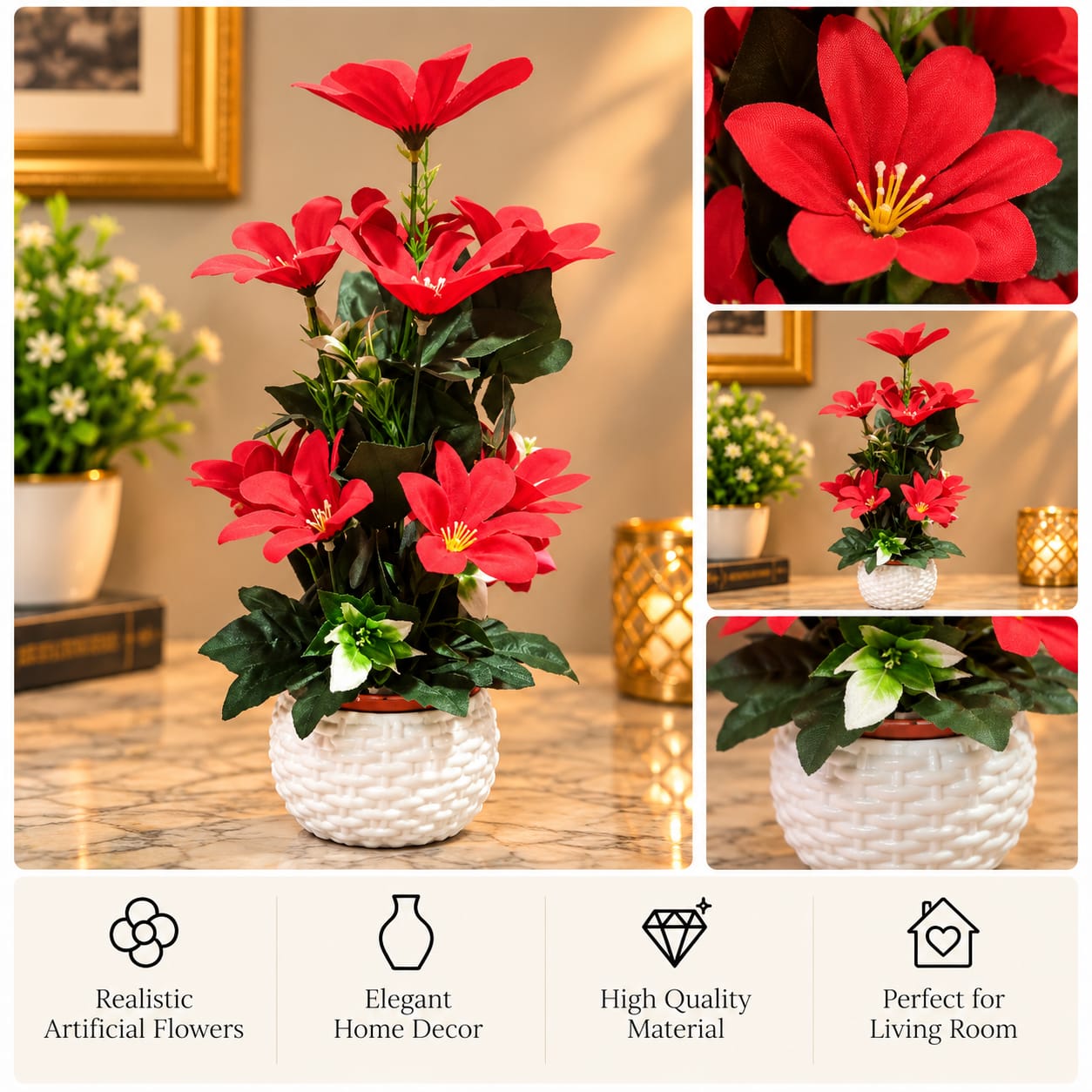 Artificial Red Flower Plant White Woven Pot